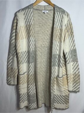Nine West Size Large Open Front Cardigan Pockets Neutral Plaid